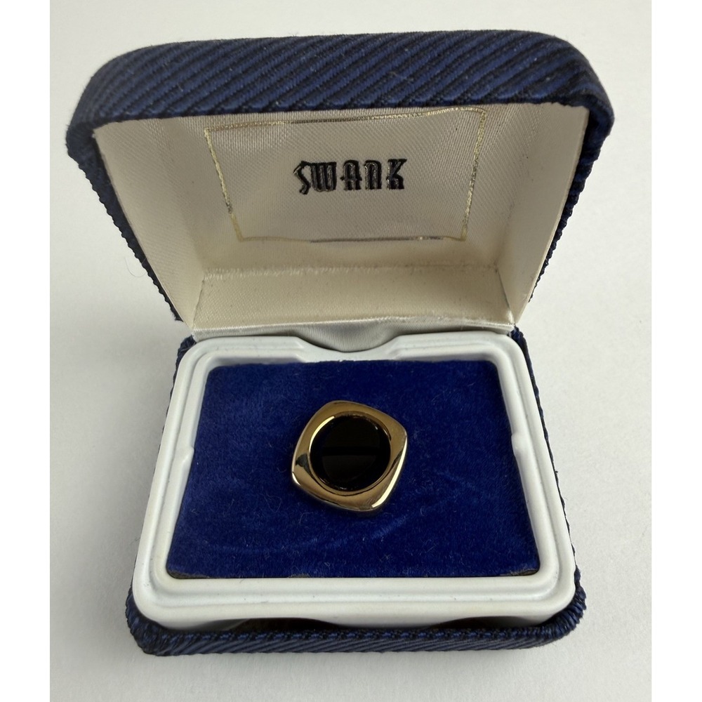 Swank 60s Vintage Soft Square Polished Black Onyx Gold Tone Chain T Bar Tie Tack
